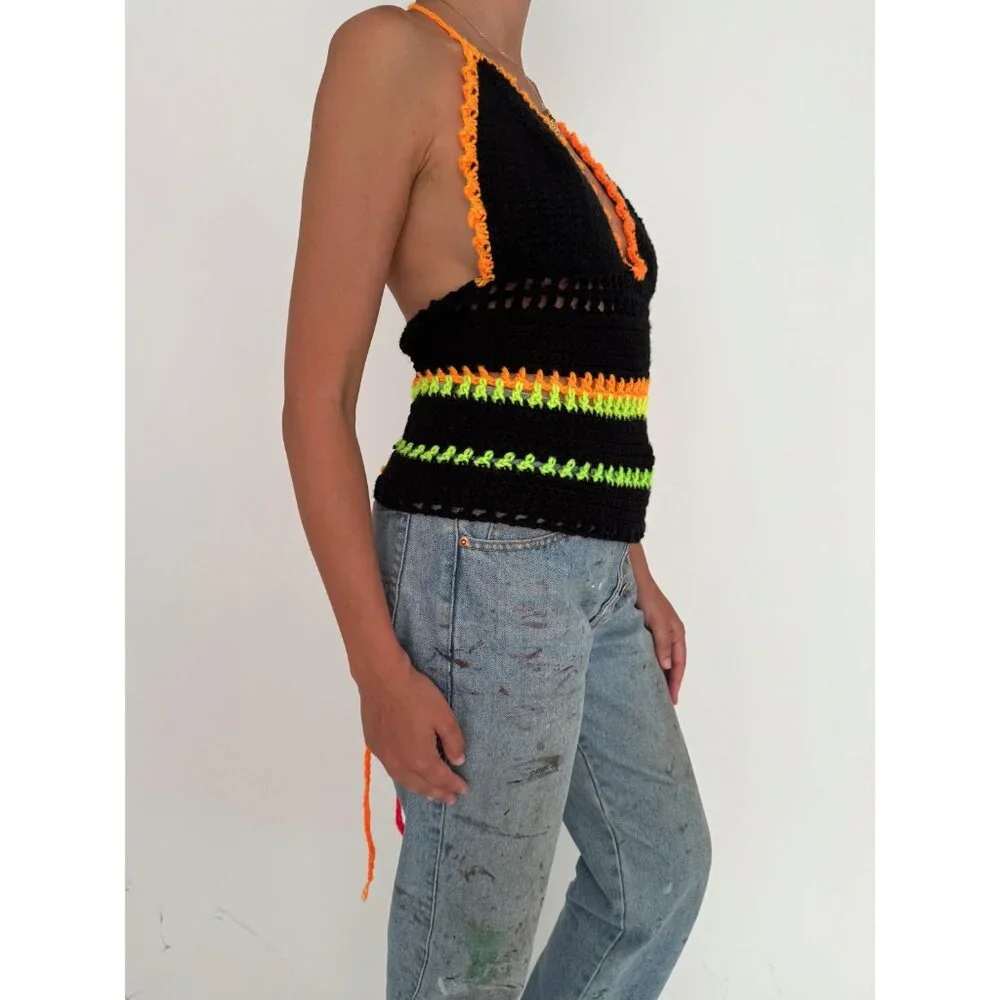 Vintage black colorful hand knit crochet festival backless halter tank crop top - Picture 5 of 10